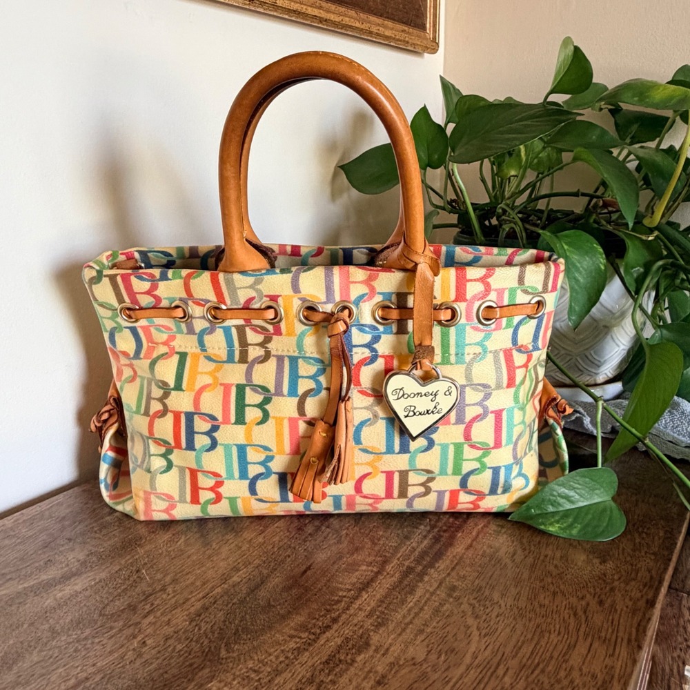 Dooney & Bourke Multicolor Mongram Tote Bag Leather Trim Tassel Charm Y2K Preppy - Picture 15 of 15